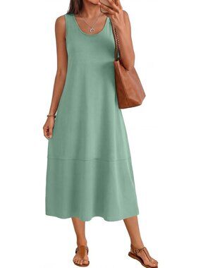 Women's Green Cotton Midi Sleeveless Dress Trendy Beach Casual Long Sundress